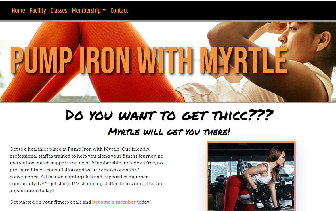 preview of the Pump Iron with Myrtle Website Homepage